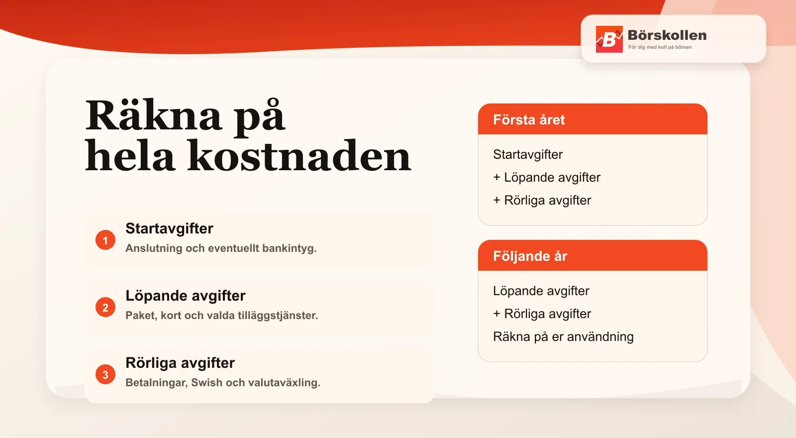 Företagskontots första år kan omfatta startavgifter utöver löpande och rörliga avgifter.